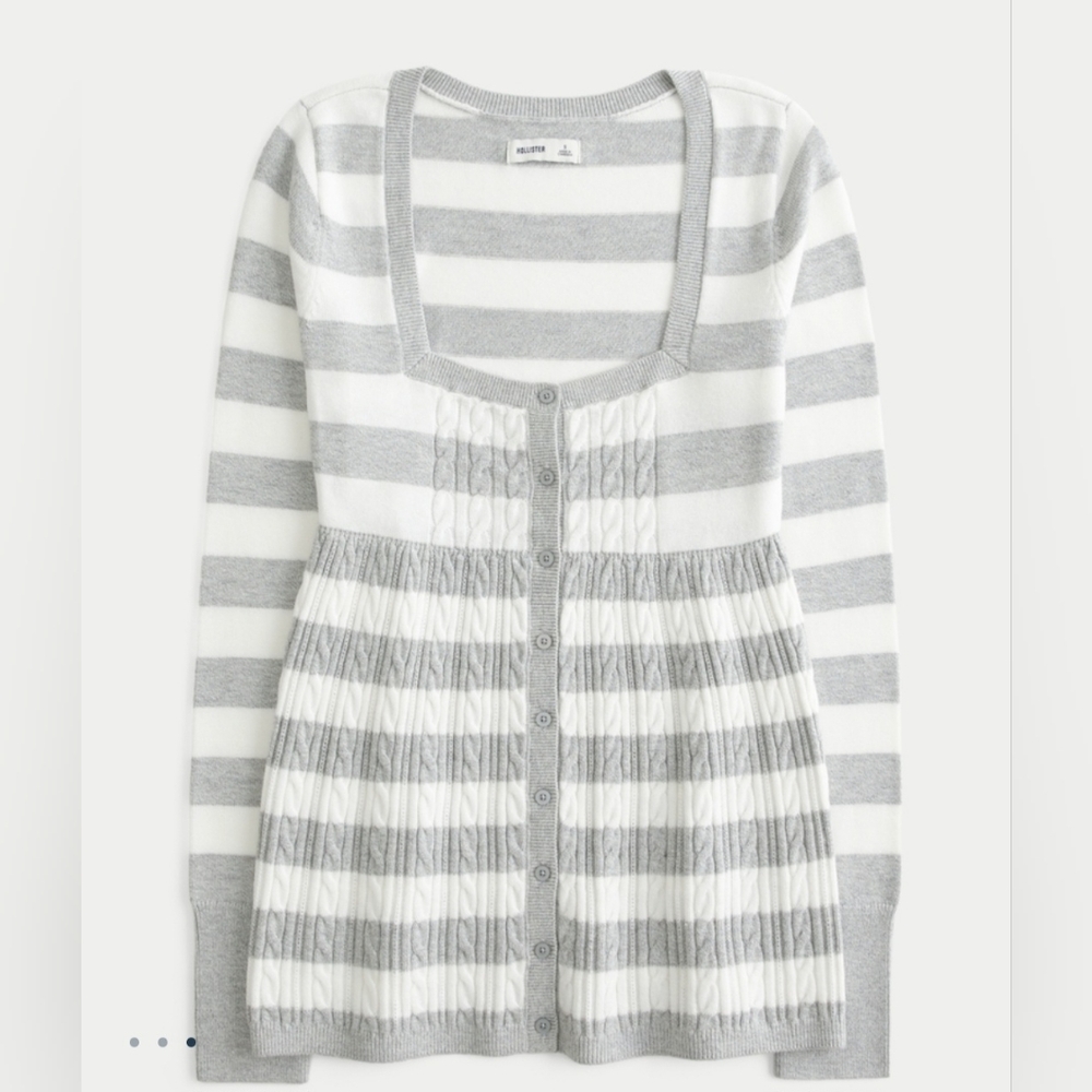 Hollister Long-Sleeve Square-Neck Babydoll SweaterdLIGHT HEATHER GREY STRIPE,S